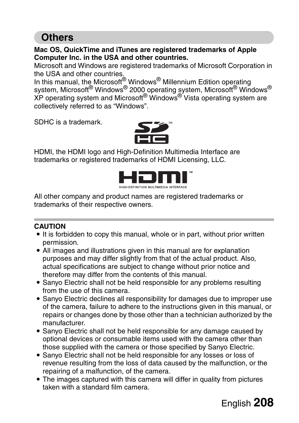 Others, English | Sanyo Xacti VPC-HD2 User Manual | Page 222 / 227