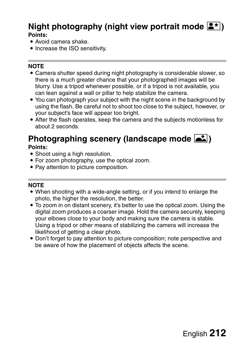 Night photography (night view portrait mode / ), Photographing scenery (landscape mode + ), English | Sanyo Xacti VPC-HD2 User Manual | Page 226 / 227