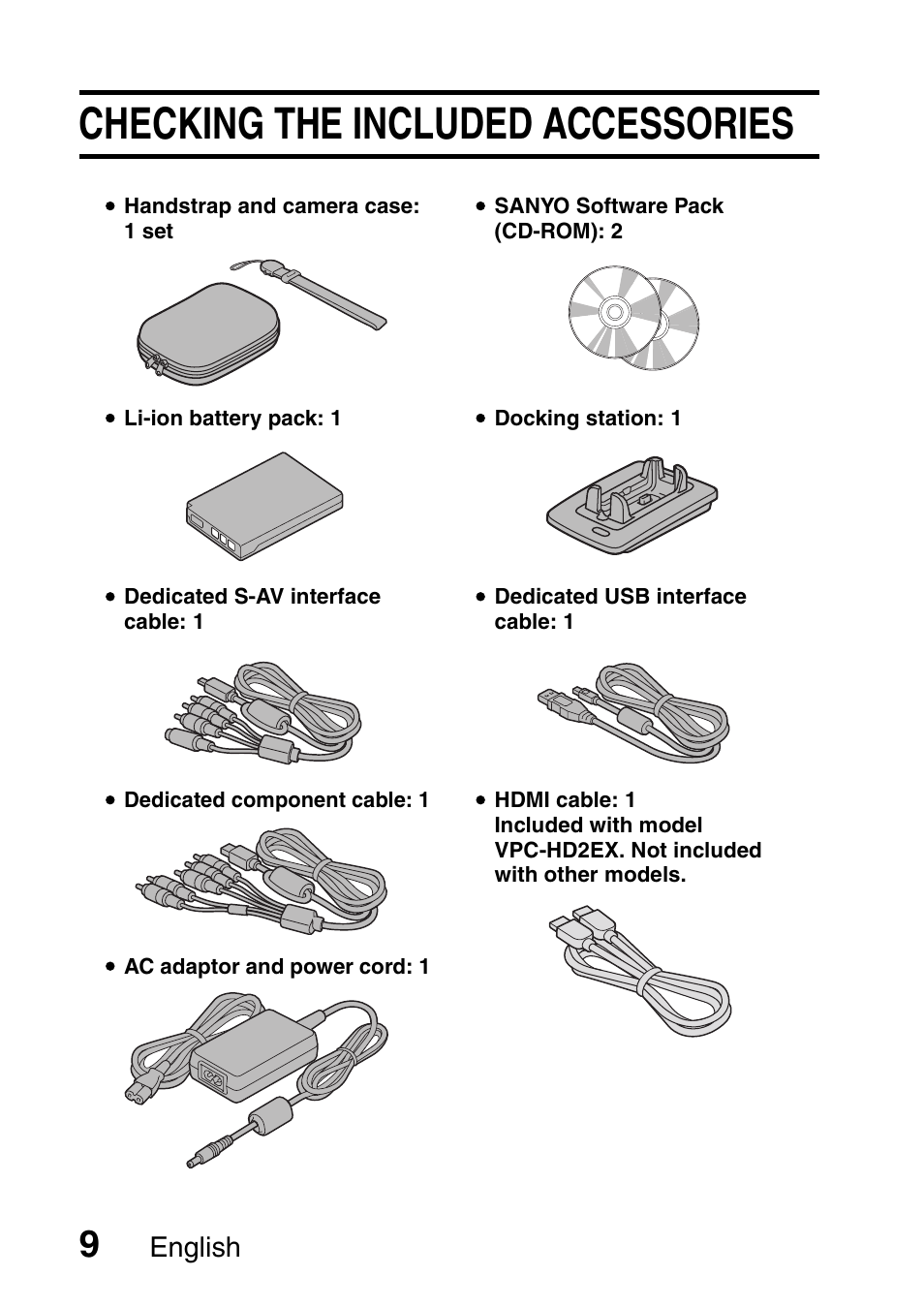 Checking the included accessories, English | Sanyo Xacti VPC-HD2 User Manual | Page 23 / 227