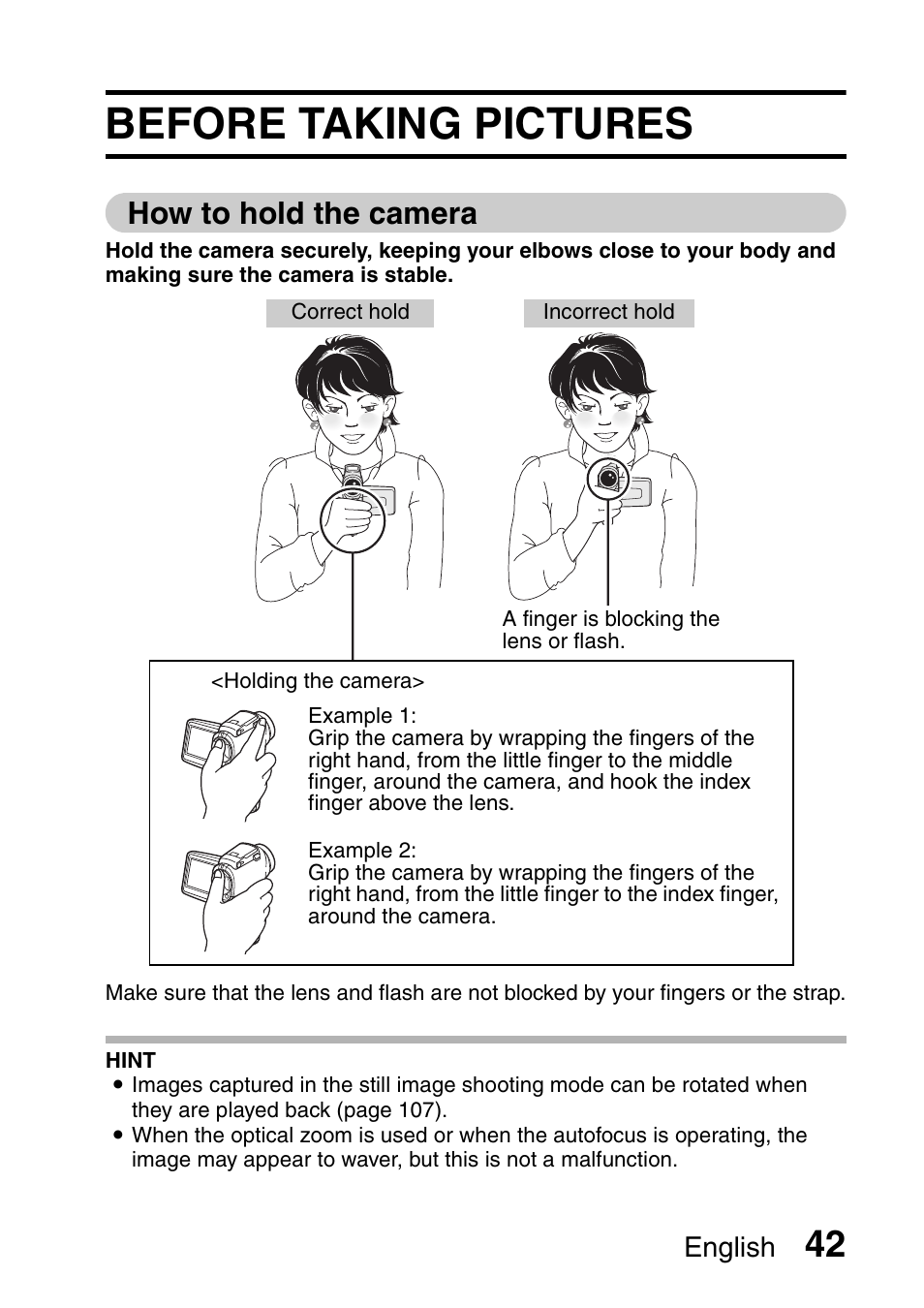 Before taking pictures, How to hold the camera, English | Sanyo Xacti VPC-HD2 User Manual | Page 56 / 227