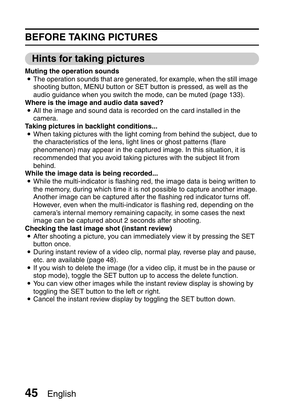 Before taking pictures hints for taking pictures, English | Sanyo Xacti VPC-HD2 User Manual | Page 59 / 227