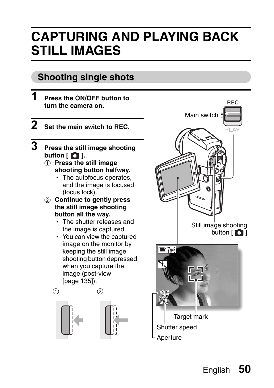 Capturing and playing back still images, Shooting single shots | Sanyo Xacti VPC-HD2 User Manual | Page 64 / 227