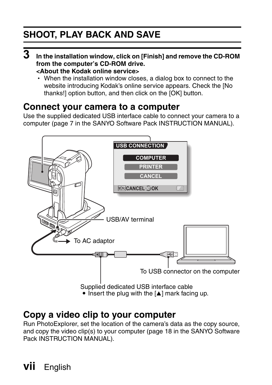 Shoot, play back and save, Connect your camera to a computer, Copy a video clip to your computer | English | Sanyo Xacti VPC-HD2 User Manual | Page 8 / 227