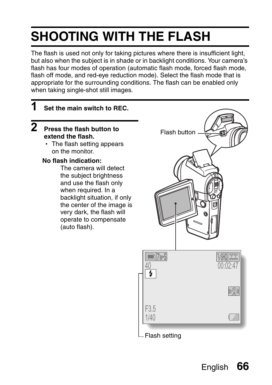 Shooting with the flash | Sanyo Xacti VPC-HD2 User Manual | Page 80 / 227