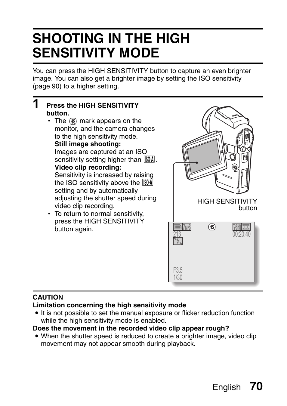 Shooting in the high sensitivity mode, English | Sanyo Xacti VPC-HD2 User Manual | Page 84 / 227