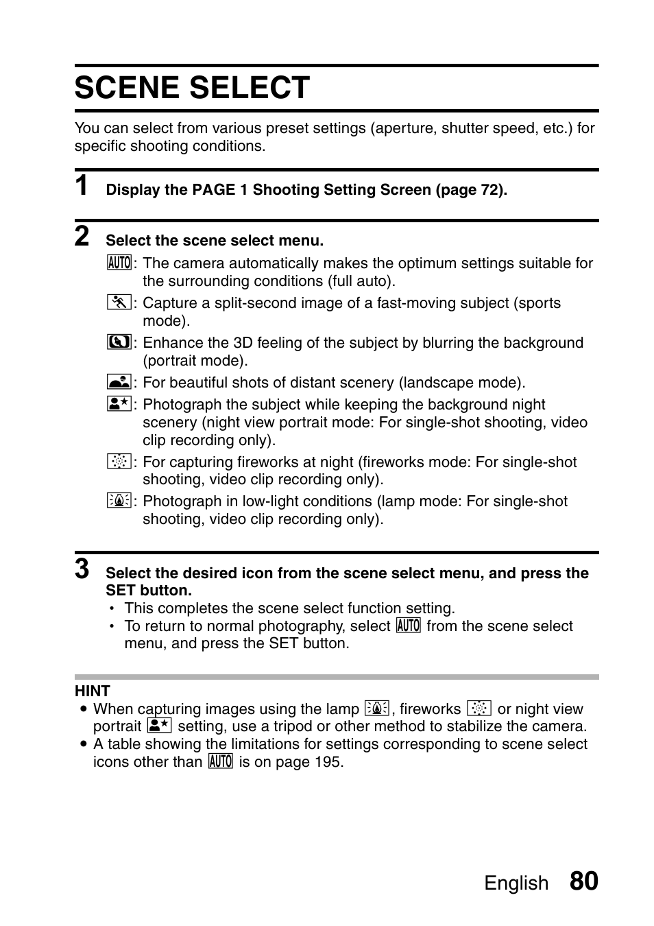 Scene select, English | Sanyo Xacti VPC-HD2 User Manual | Page 94 / 227