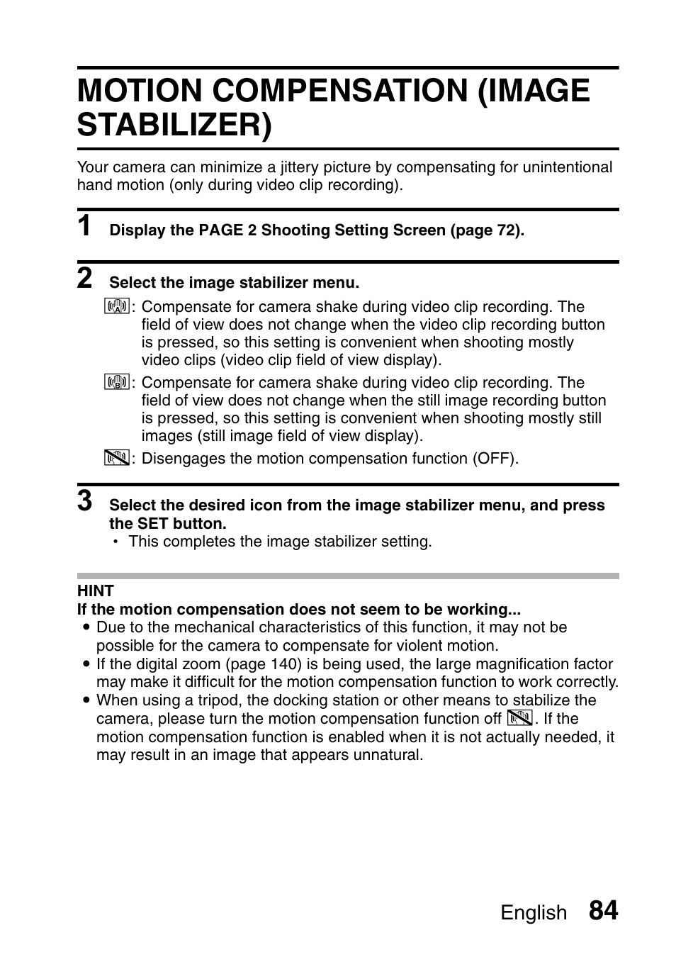 Motion compensation (image stabilizer) | Sanyo Xacti VPC-HD2 User Manual | Page 98 / 227