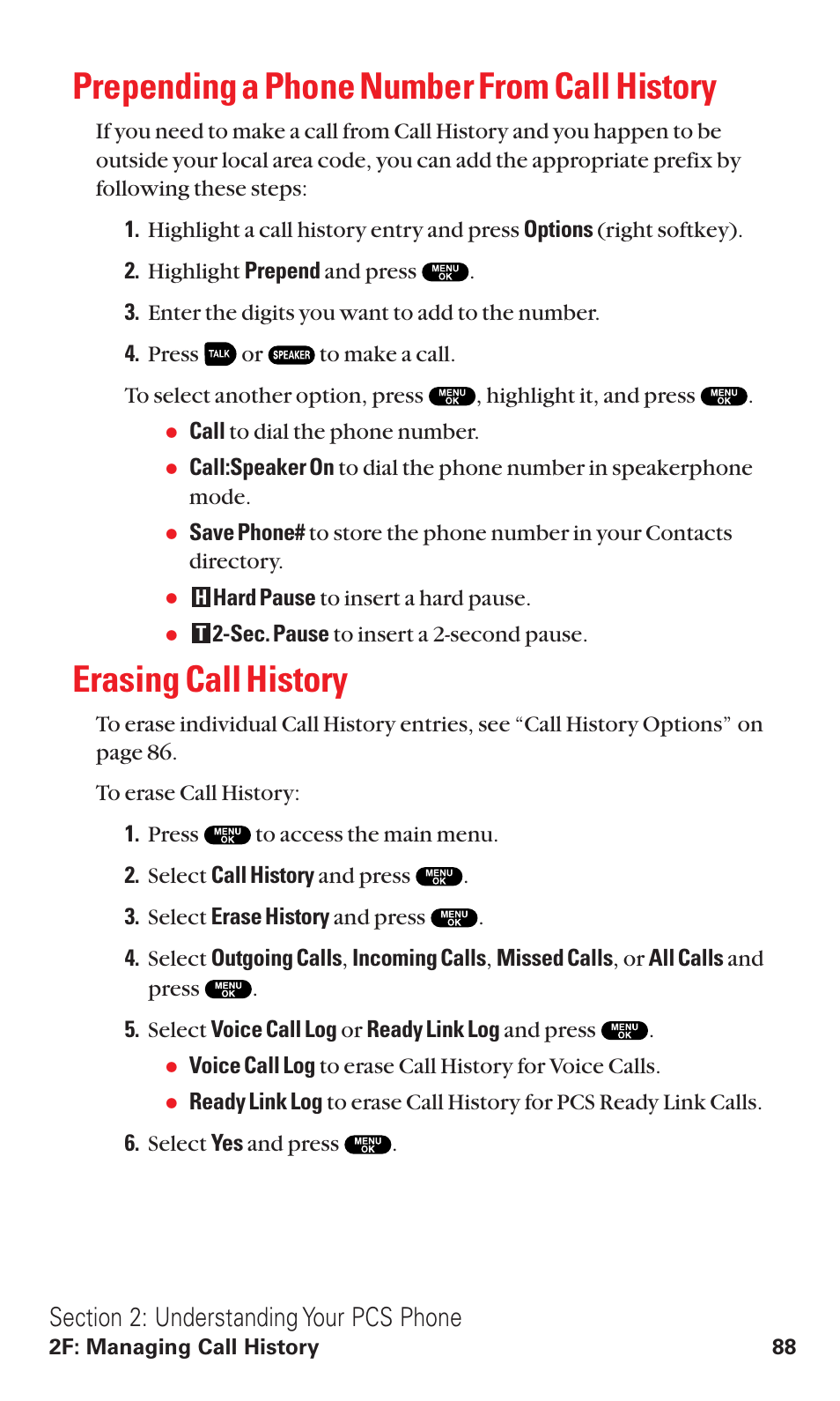 Prepending a phone number from call history, Erasing call history | Sanyo VM4500 User Manual | Page 100 / 244