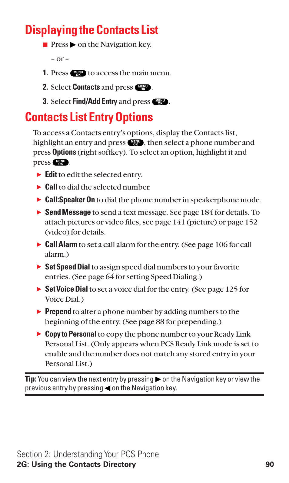 Displaying the contacts list, Contacts list entry options | Sanyo VM4500 User Manual | Page 102 / 244