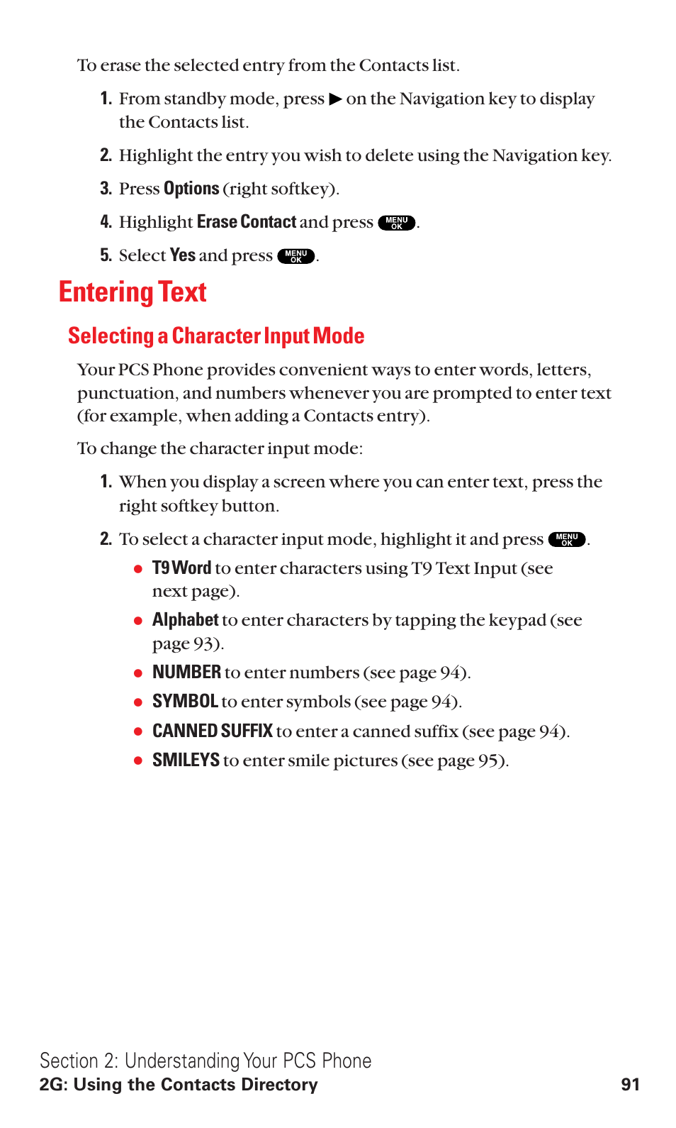 Entering text, Selecting a character input mode | Sanyo VM4500 User Manual | Page 103 / 244