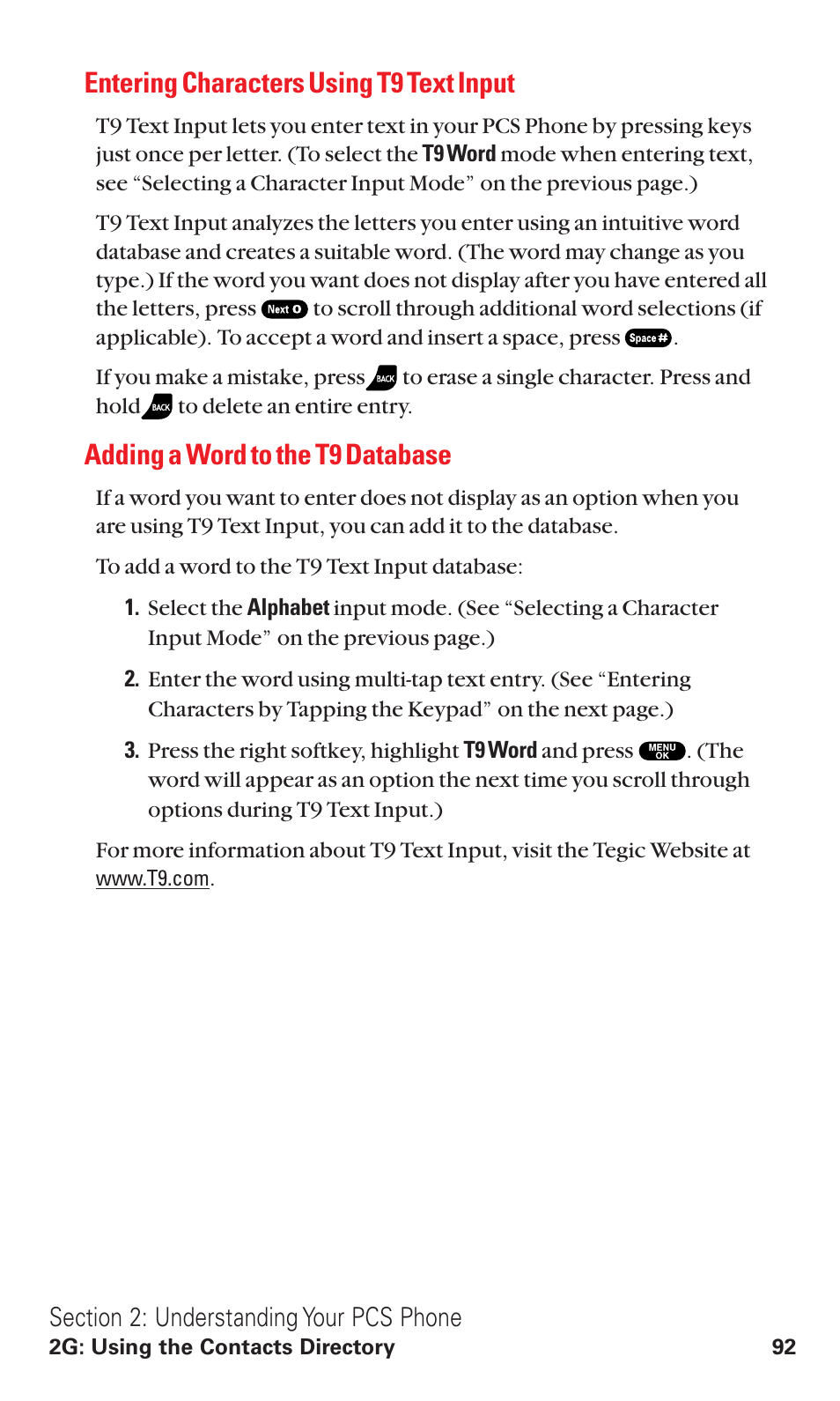 Entering characters using t9 text input, Adding a word to the t9 database | Sanyo VM4500 User Manual | Page 104 / 244