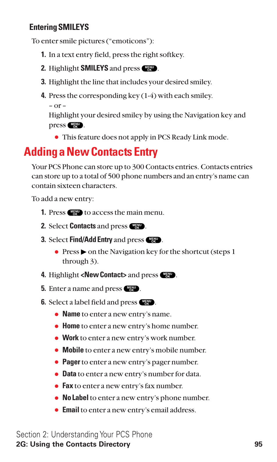Adding a new contacts entry, Entering smileys | Sanyo VM4500 User Manual | Page 107 / 244