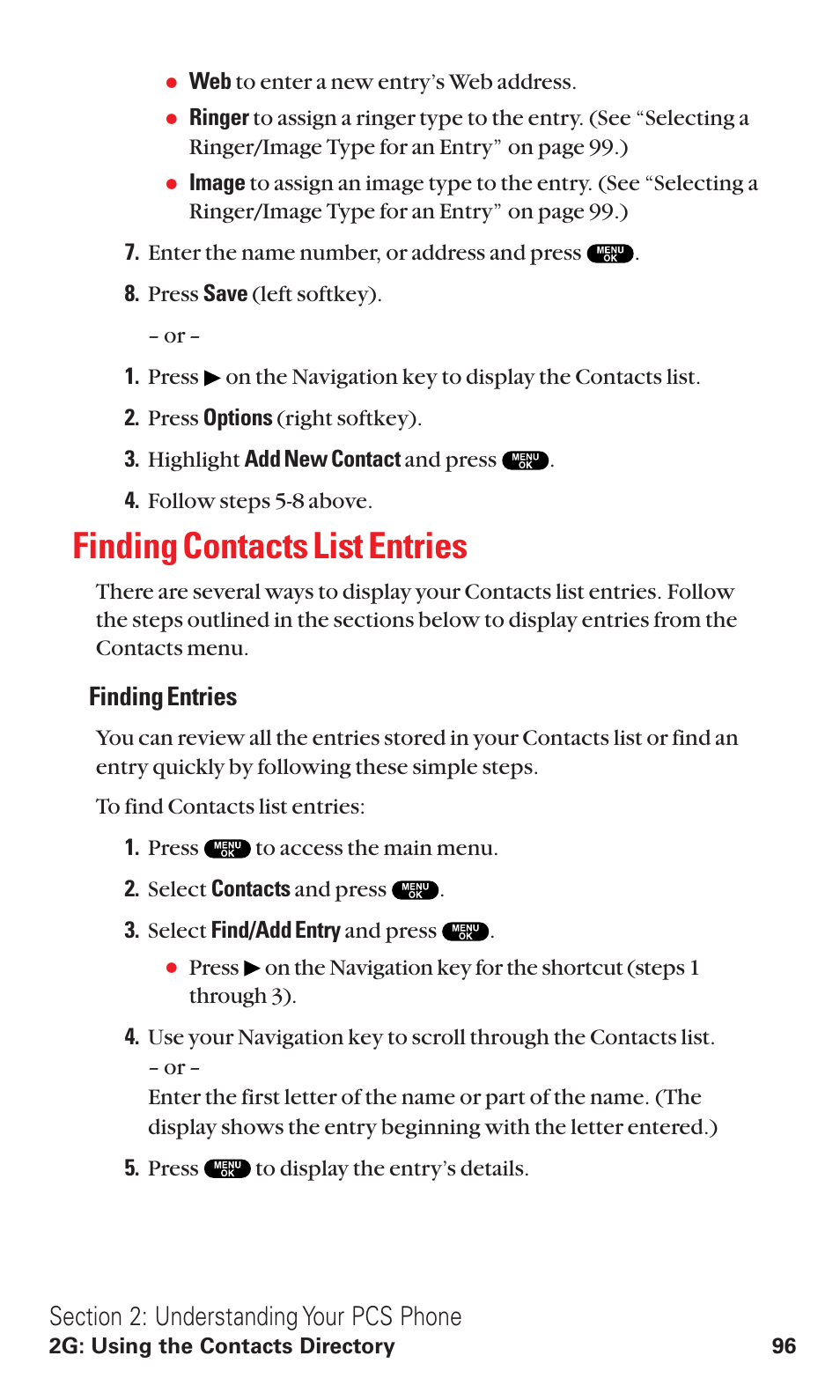 Finding contacts list entries, Finding entries | Sanyo VM4500 User Manual | Page 108 / 244