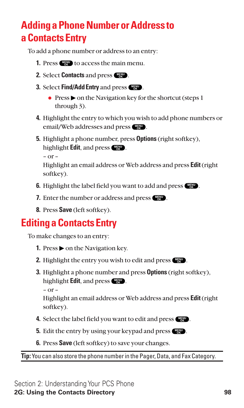 Editing a contacts entry | Sanyo VM4500 User Manual | Page 110 / 244