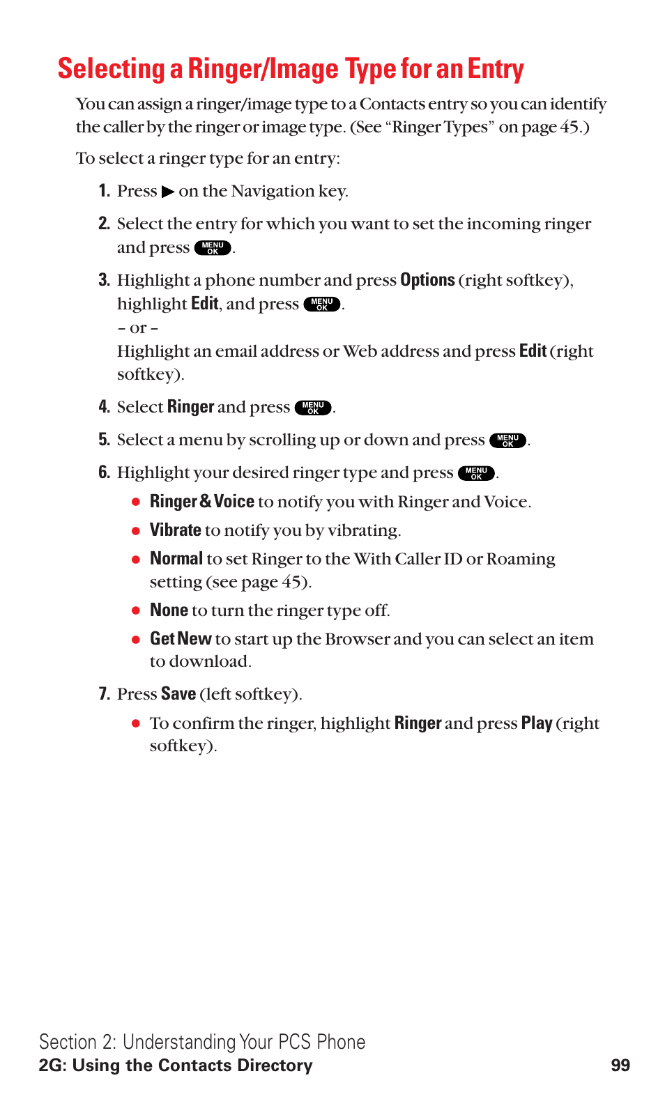 Selecting a ringer/image type for an entry | Sanyo VM4500 User Manual | Page 111 / 244