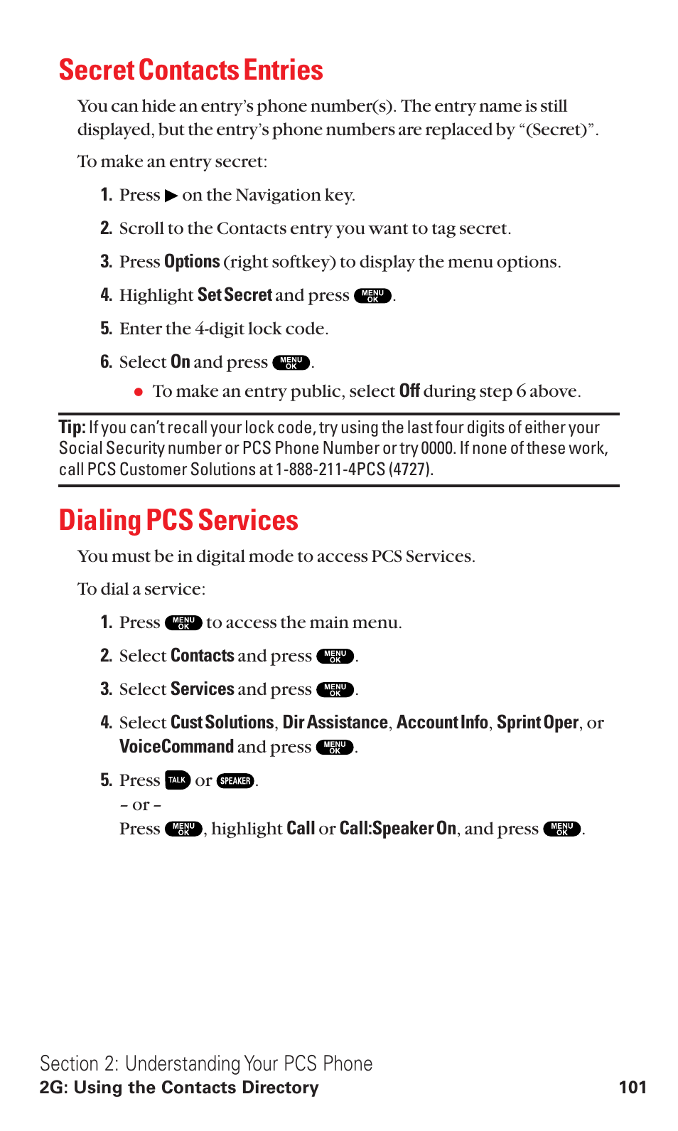 Secret contacts entries, Dialing pcs services | Sanyo VM4500 User Manual | Page 113 / 244