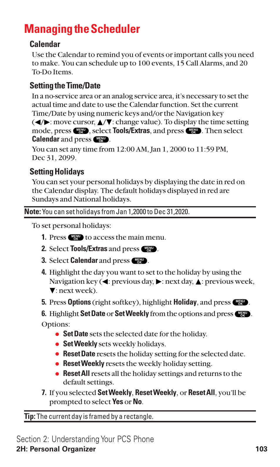 Managing the scheduler, Calendar, Setting the time/date | Setting holidays | Sanyo VM4500 User Manual | Page 115 / 244