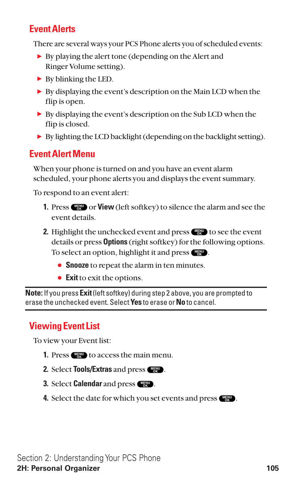 Event alerts, Event alert menu, Viewing event list | Sanyo VM4500 User Manual | Page 117 / 244