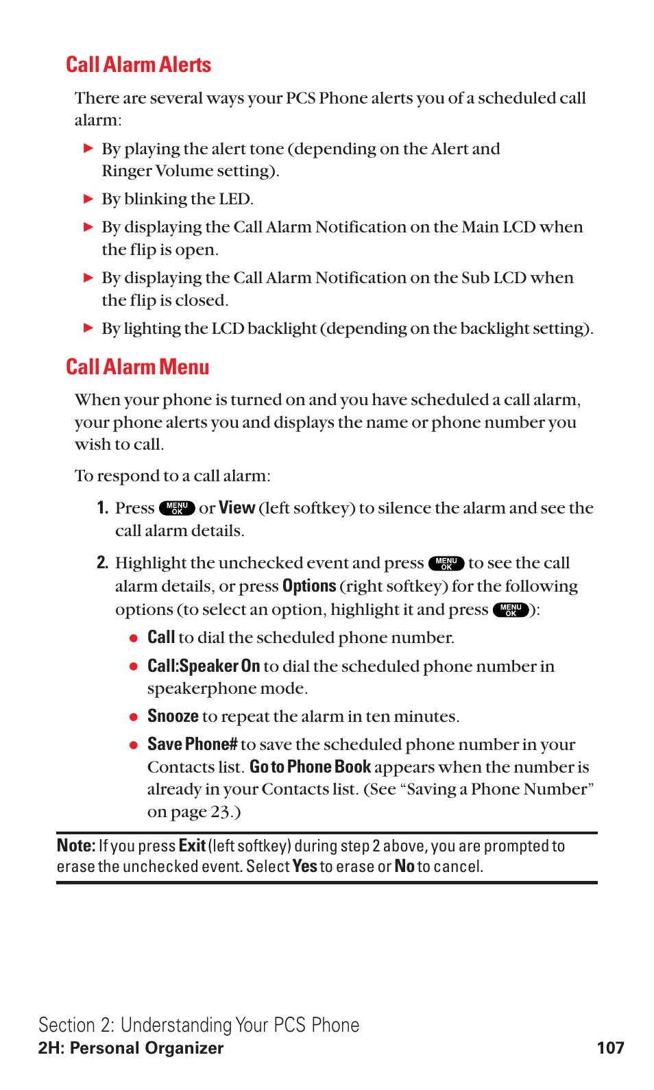 Call alarm alerts, Call alarm menu | Sanyo VM4500 User Manual | Page 119 / 244