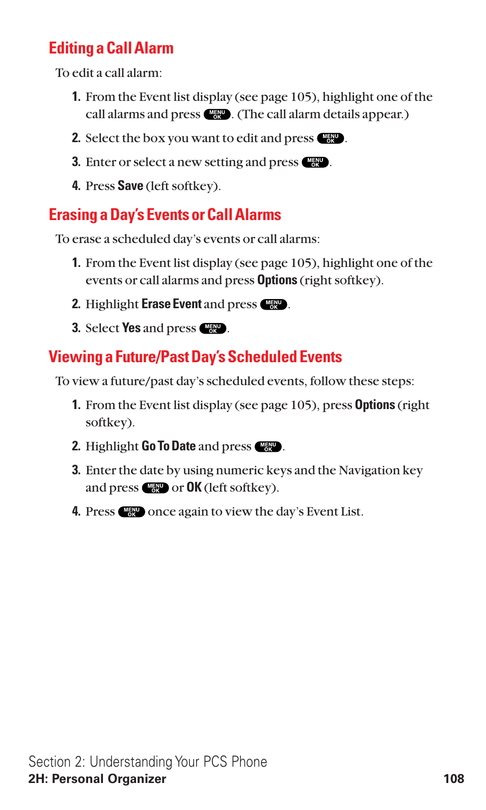 Editing a call alarm, Erasing a day’s events or call alarms, Viewing a future/past day’s scheduled events | Sanyo VM4500 User Manual | Page 120 / 244