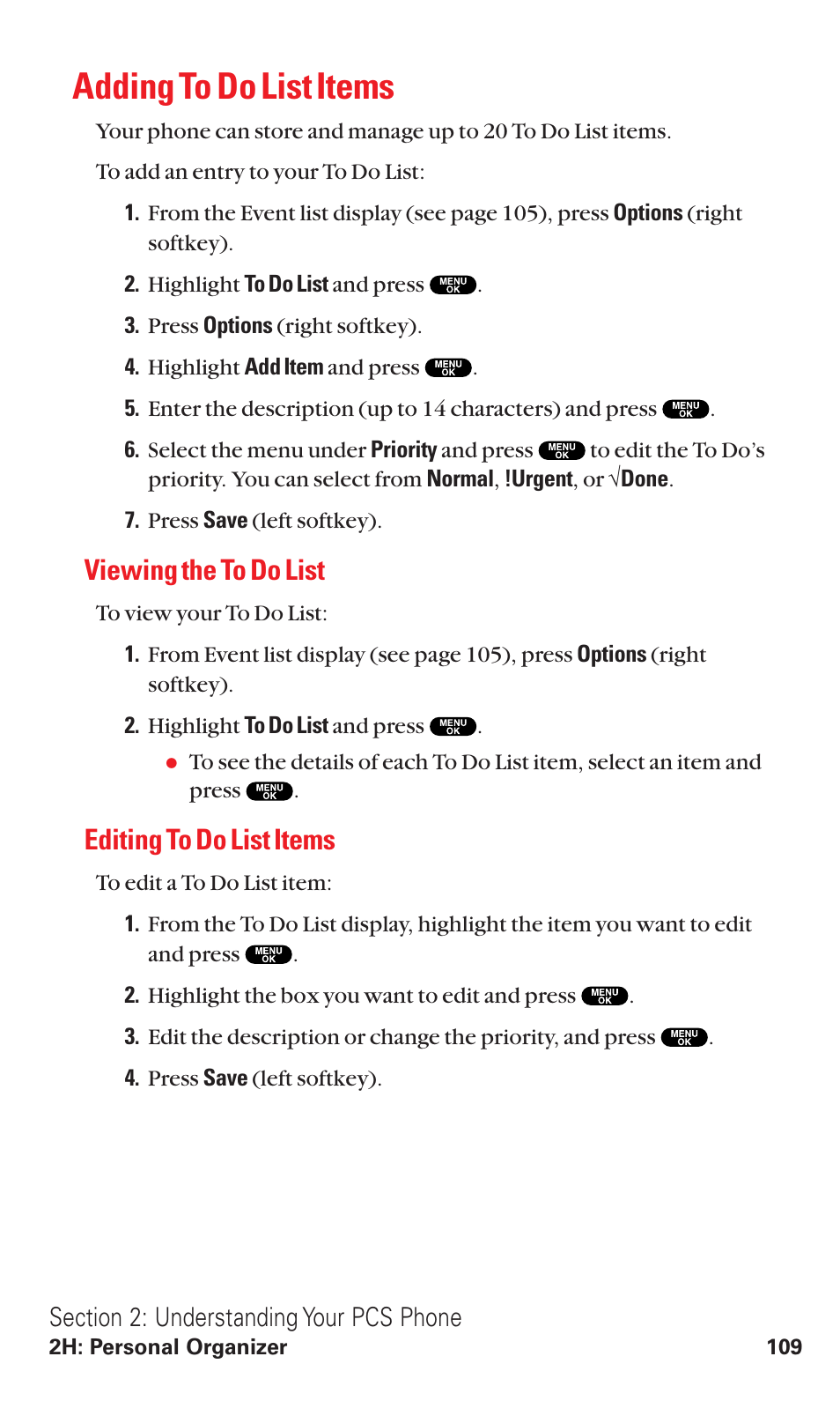 Adding to do list items, Viewing the to do list, Editing to do list items | Sanyo VM4500 User Manual | Page 121 / 244