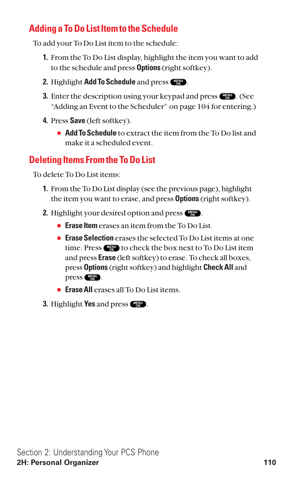 Adding a to do list item to the schedule, Deleting items from the to do list | Sanyo VM4500 User Manual | Page 122 / 244