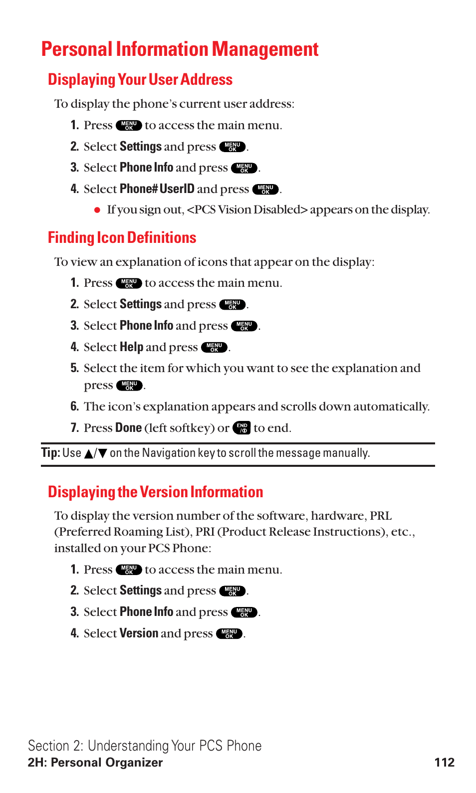Personal information management, Displaying your user address, Finding icon definitions | Displaying the version information | Sanyo VM4500 User Manual | Page 124 / 244
