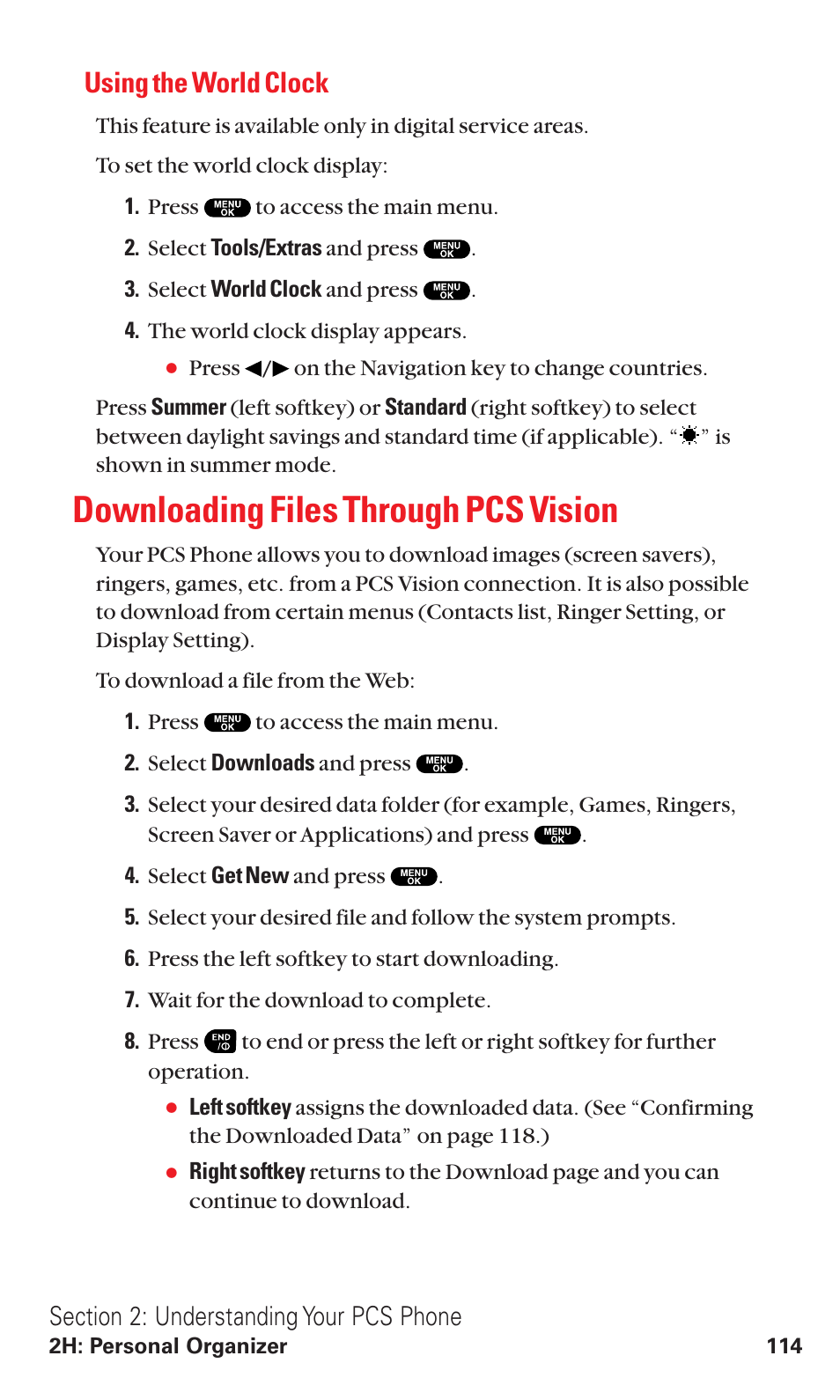 Using the world clock, Downloading files through pcs vision | Sanyo VM4500 User Manual | Page 126 / 244