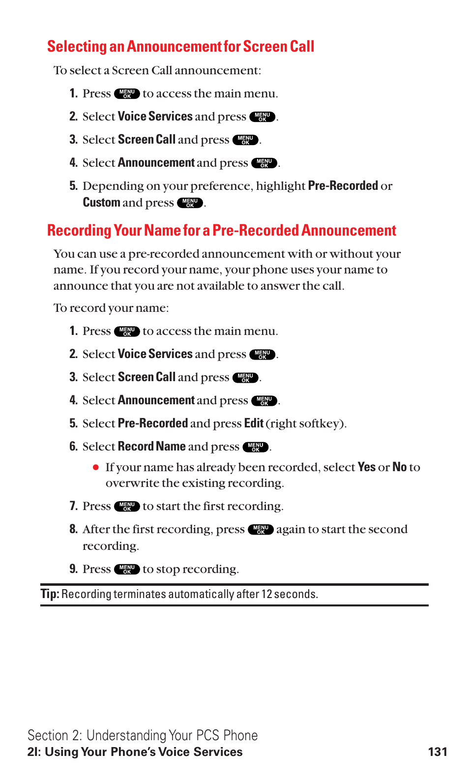 Selecting an announcement for screen call | Sanyo VM4500 User Manual | Page 143 / 244