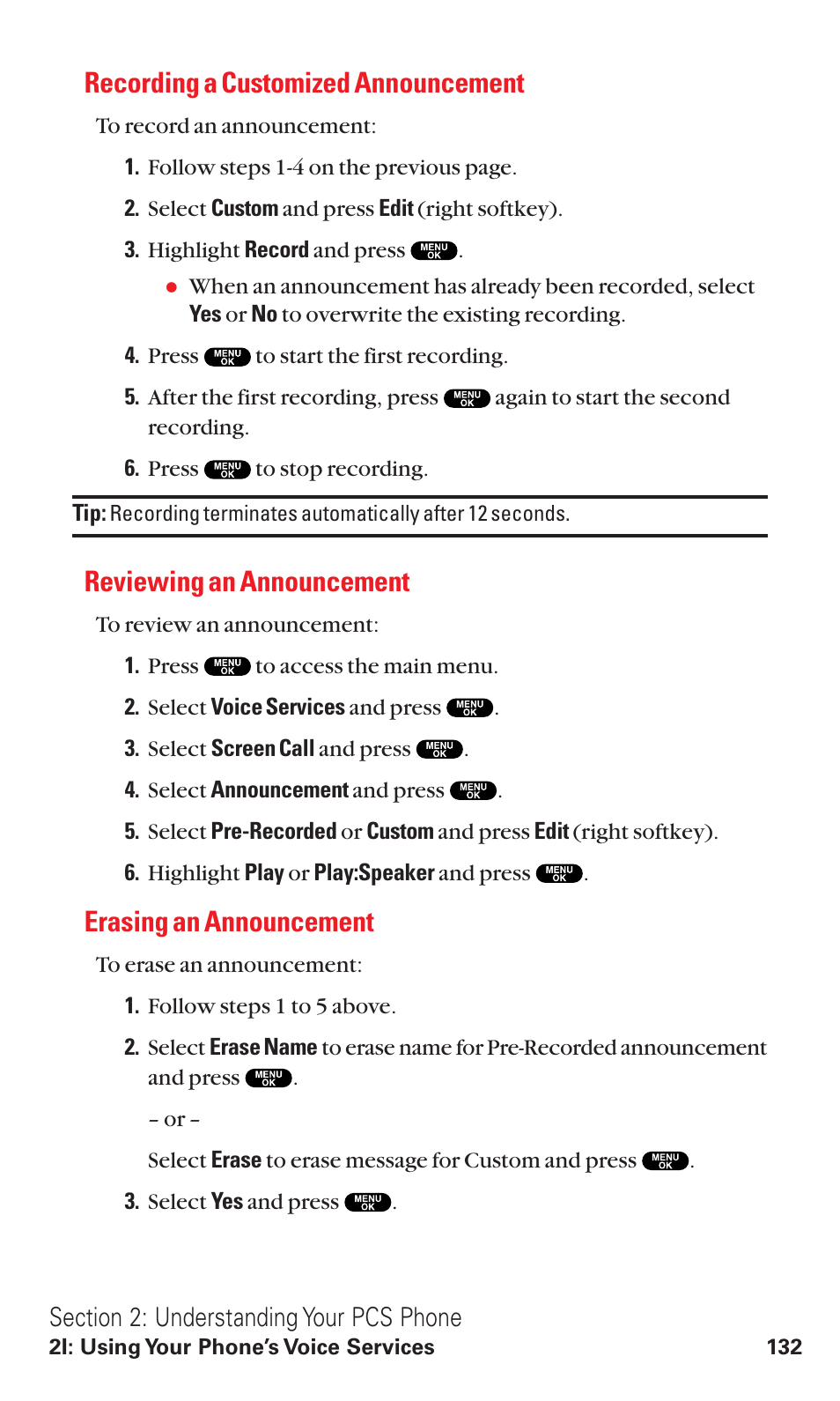 Recording a customized announcement, Reviewing an announcement, Erasing an announcement | Sanyo VM4500 User Manual | Page 144 / 244