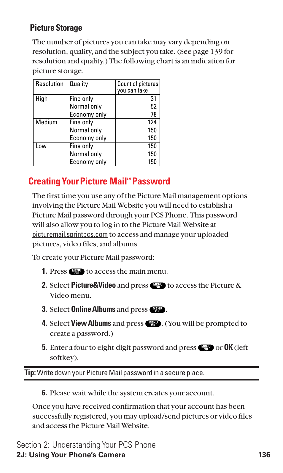 Creating your picture mail, Password, Picture storage | Sanyo VM4500 User Manual | Page 148 / 244
