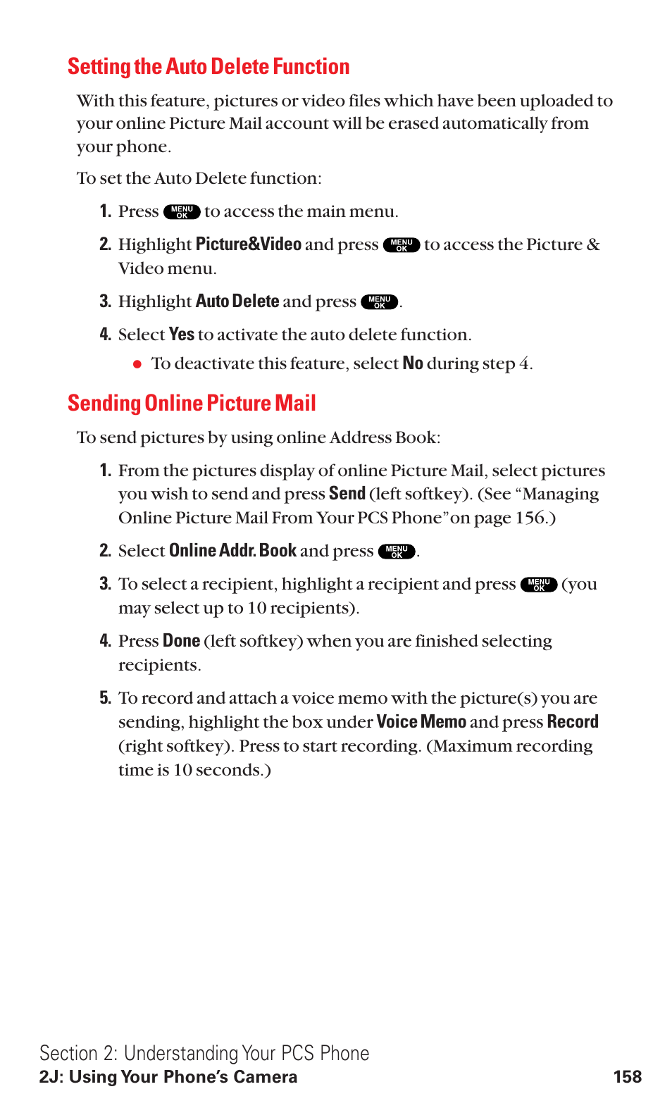 Setting the auto delete function, Sending online picture mail | Sanyo VM4500 User Manual | Page 170 / 244