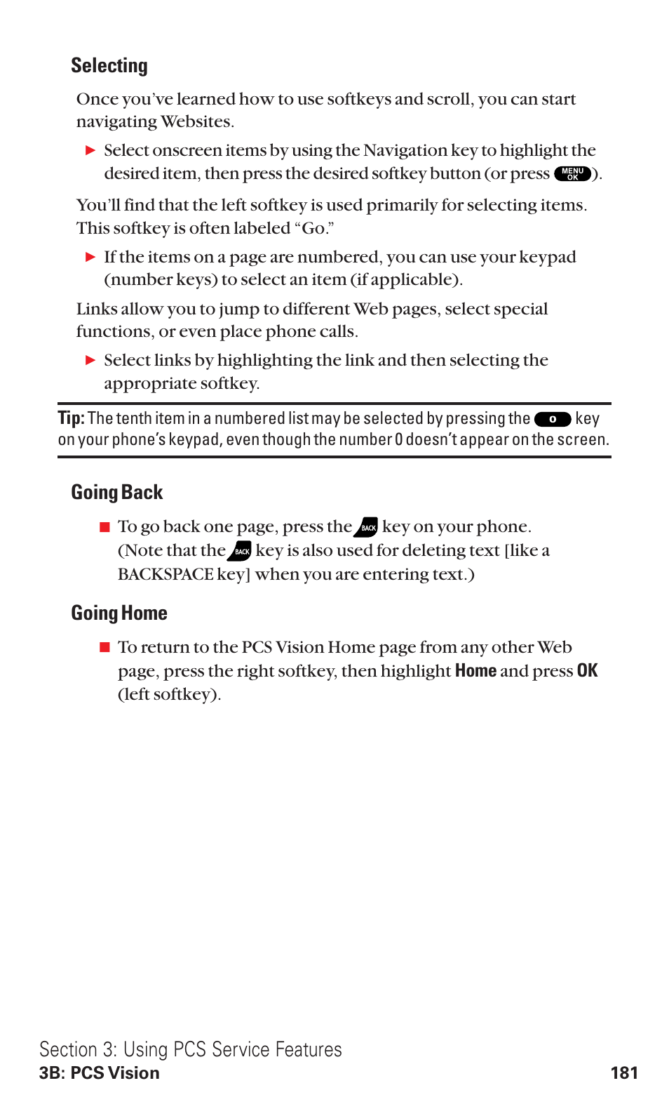 Selecting, Going back, Going home | Sanyo VM4500 User Manual | Page 193 / 244