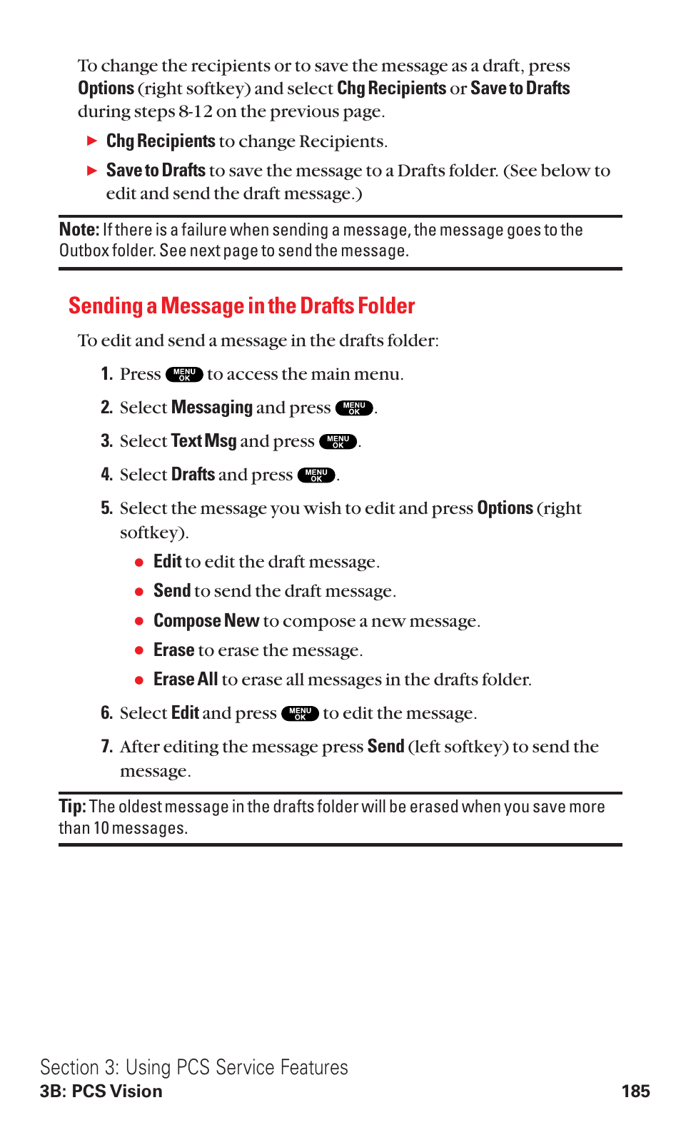 Sending a message in the drafts folder | Sanyo VM4500 User Manual | Page 197 / 244