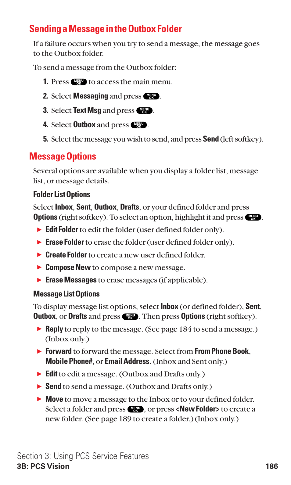 Sending a message in the outbox folder, Message options | Sanyo VM4500 User Manual | Page 198 / 244