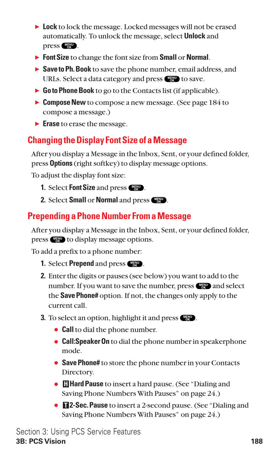 Changing the display font size of a message, Prepending a phone number from a message | Sanyo VM4500 User Manual | Page 200 / 244