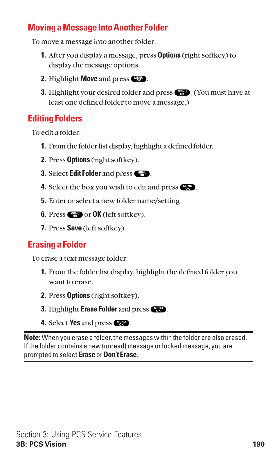 Moving a message into another folder, Editing folders, Erasing a folder | Sanyo VM4500 User Manual | Page 202 / 244