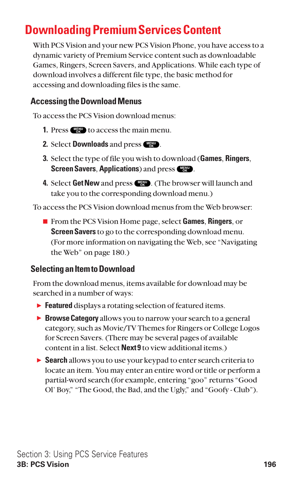 Downloading premium services content, Accessing the download menus, Selecting an item to download | Sanyo VM4500 User Manual | Page 208 / 244