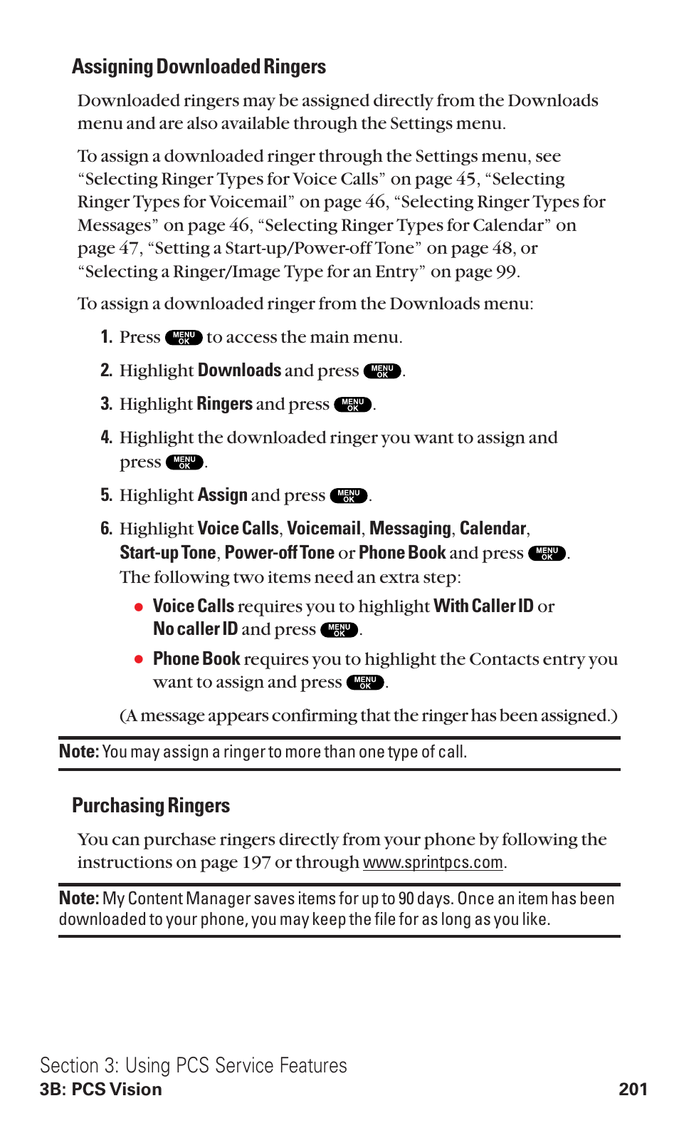 Assigning downloaded ringers, Purchasing ringers | Sanyo VM4500 User Manual | Page 213 / 244