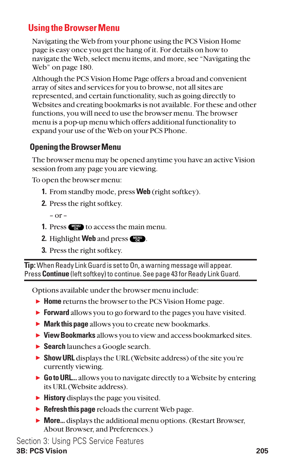 Using the browser menu, Opening the browser menu | Sanyo VM4500 User Manual | Page 217 / 244