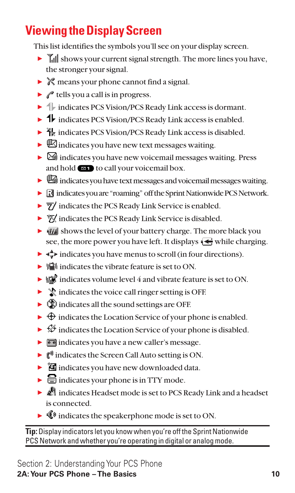 Viewing the display screen, Means your phone cannot find a signal, Tells you a call is in progress | Indicates you have new text messages waiting, Indicates the pcs ready link service is enabled, Indicates the pcs ready link service is disabled, Indicates the vibrate feature is set to on, Indicates the voice call ringer setting is off, Indicates all the sound settings are off, Indicates you have a new caller’s message | Sanyo VM4500 User Manual | Page 22 / 244