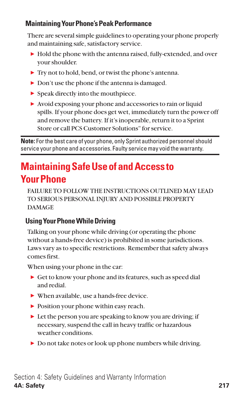 Maintaining safe use of and access to your phone, Maintaining your phone’s peak performance, Using your phone while driving | Sanyo VM4500 User Manual | Page 229 / 244