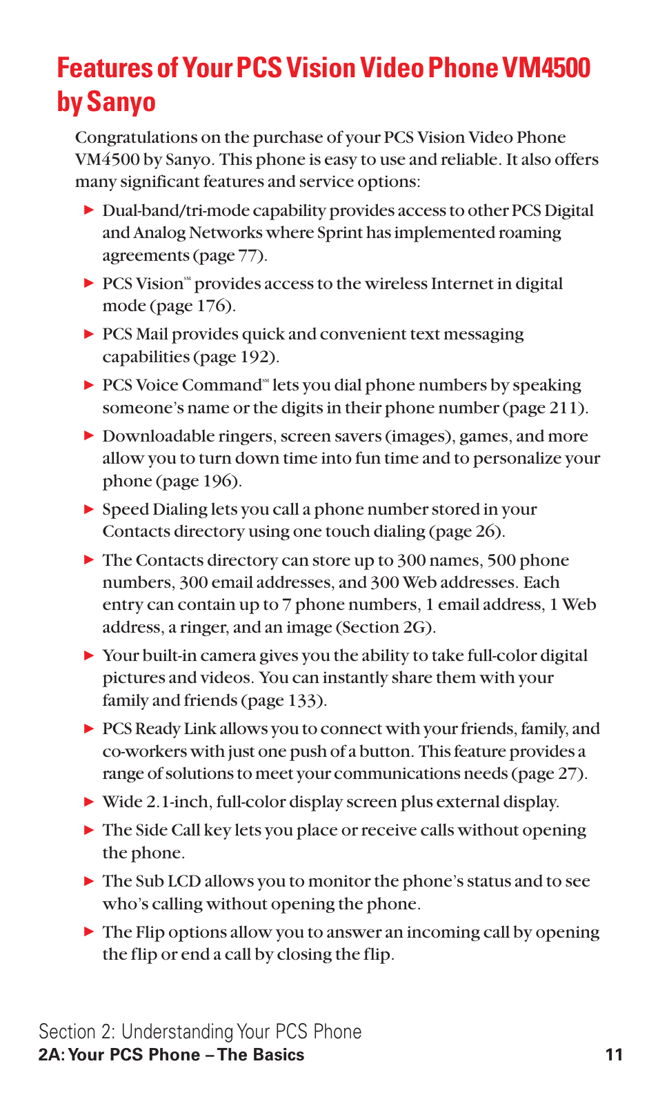 Pcs vision, Pcs voice command, 2a: your pcs phone – the basics 11 | Sanyo VM4500 User Manual | Page 23 / 244