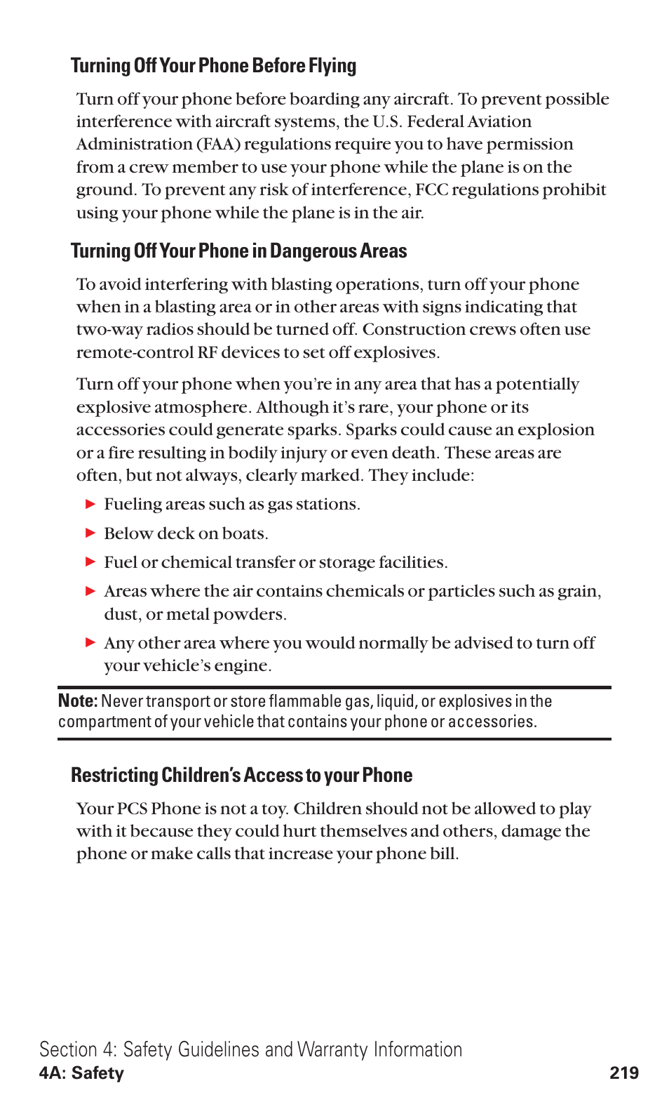 Turning off your phone before flying, Turning off your phone in dangerous areas, Restricting children’s access to your phone | Sanyo VM4500 User Manual | Page 231 / 244
