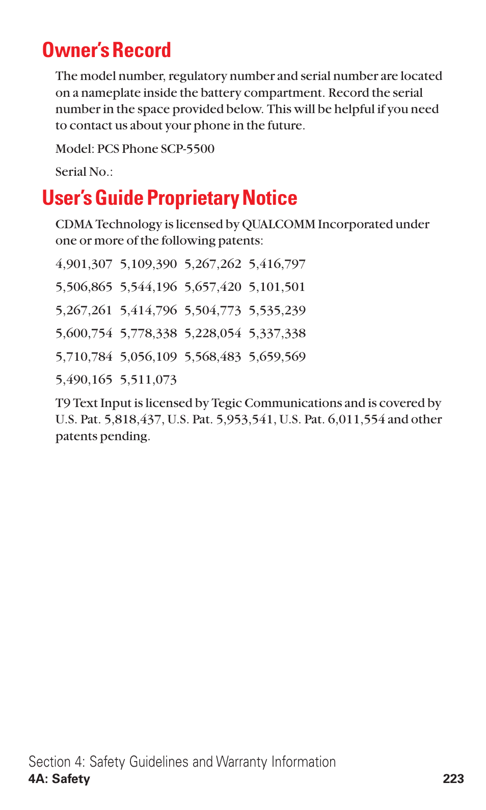 Owner’s record, User’s guide proprietary notice | Sanyo VM4500 User Manual | Page 235 / 244