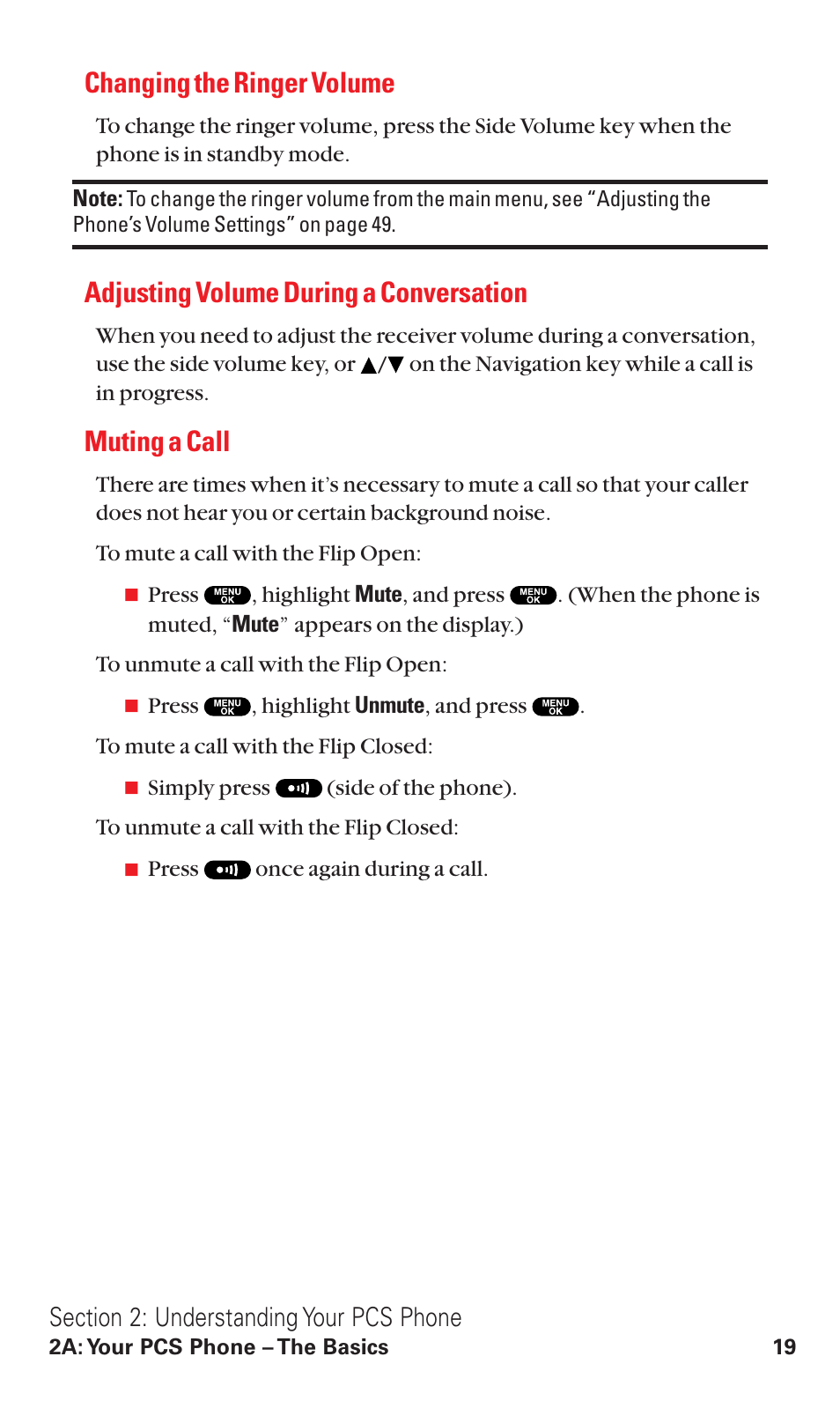 Changing the ringer volume, Adjusting volume during a conversation, Muting a call | Sanyo VM4500 User Manual | Page 31 / 244