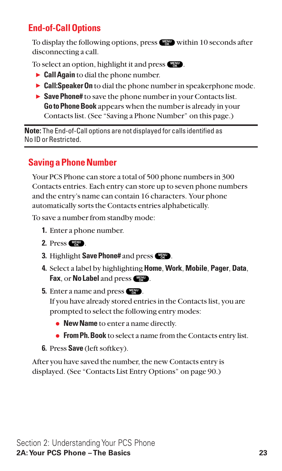 End-of-call options, Saving a phone number | Sanyo VM4500 User Manual | Page 35 / 244