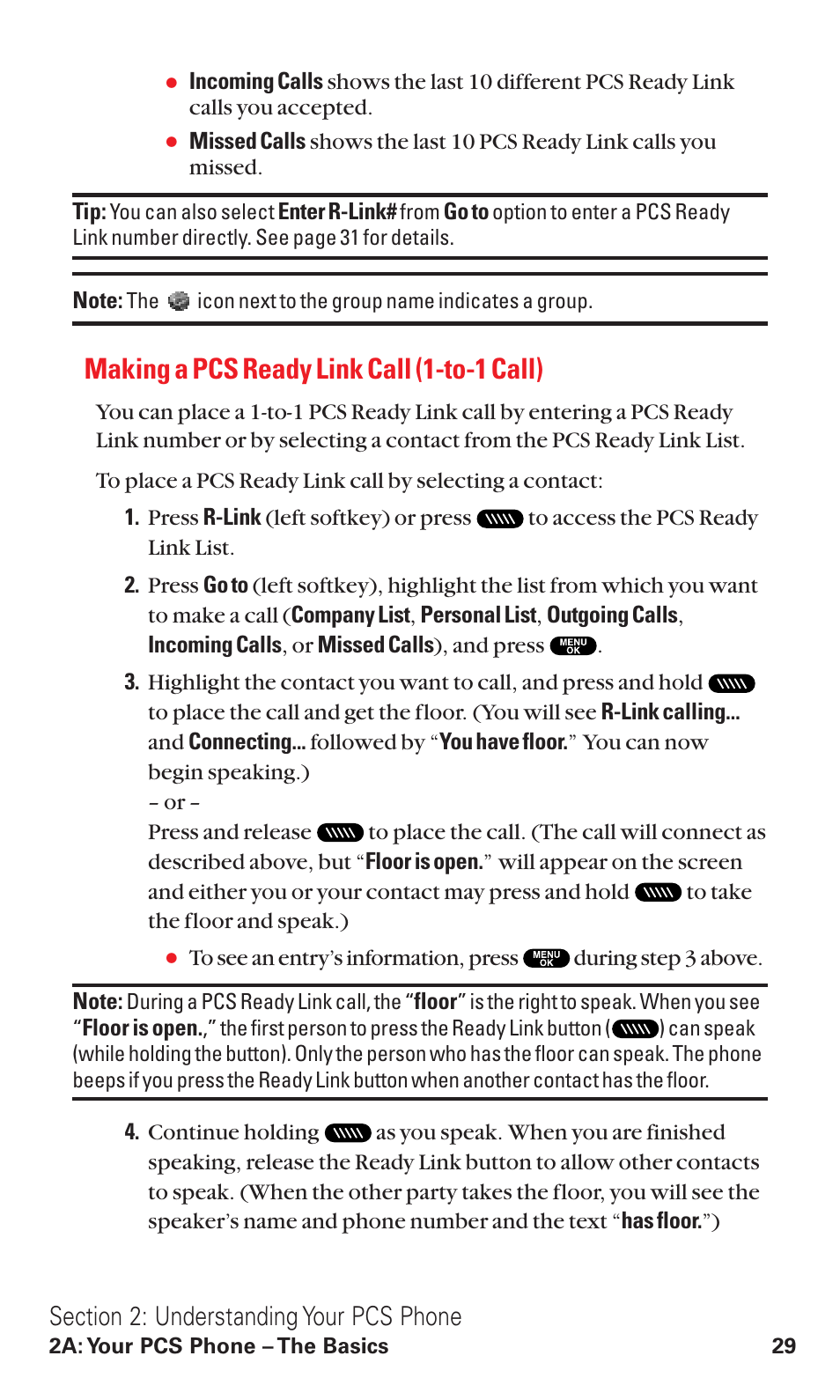 Making a pcs ready link call (1-to-1 call) | Sanyo VM4500 User Manual | Page 41 / 244