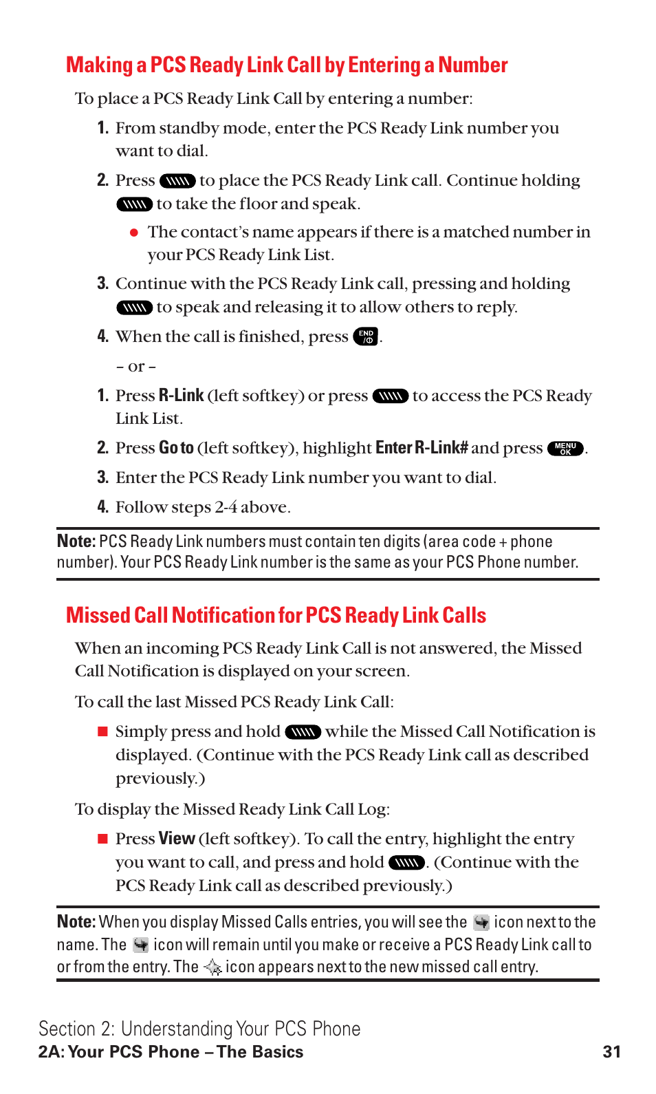 Making a pcs ready link call by entering a number, Missed call notification for pcs ready link calls | Sanyo VM4500 User Manual | Page 43 / 244