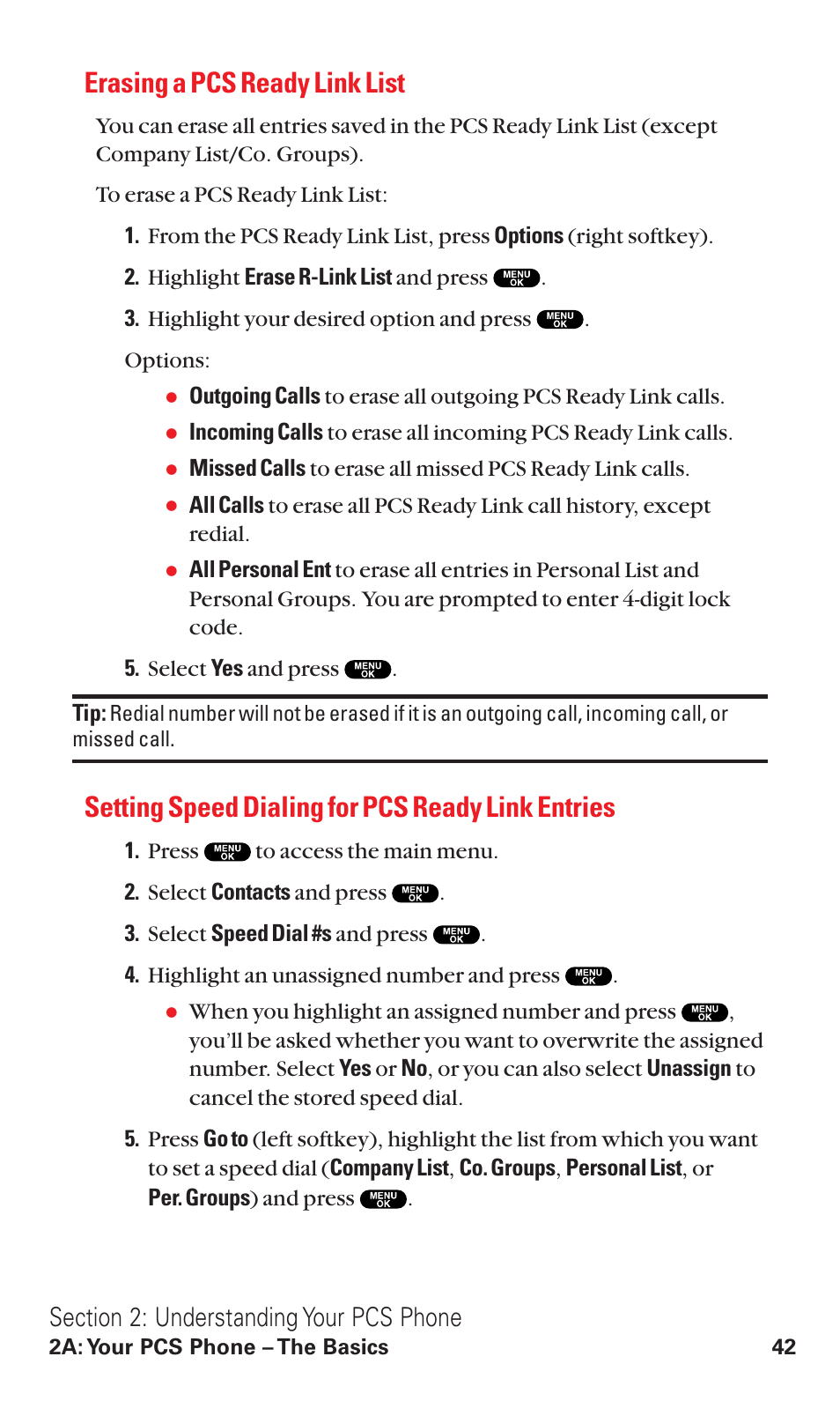 Erasing a pcs ready link list, Setting speed dialing for pcs ready link entries | Sanyo VM4500 User Manual | Page 54 / 244